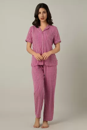 Half-sleeves Sleep PJ Set - Fuchsia Stripe Print