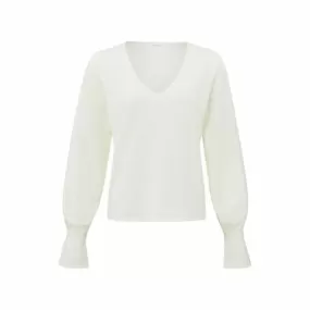 YAYA v-neck wool white w ruffle l/slv sweater